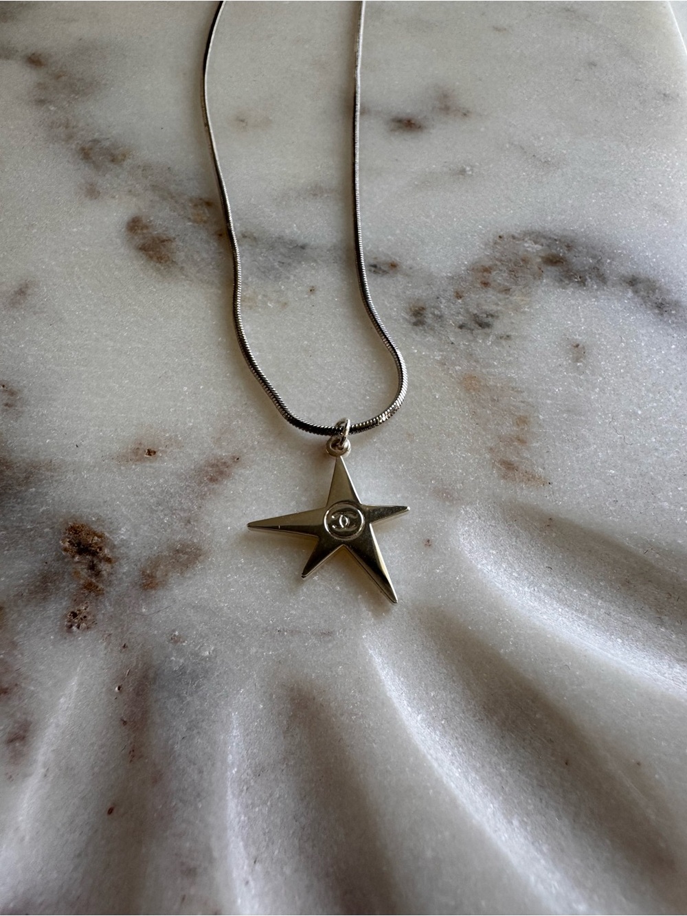CHANEL Silver Star Pendant Necklace with CC Emblem